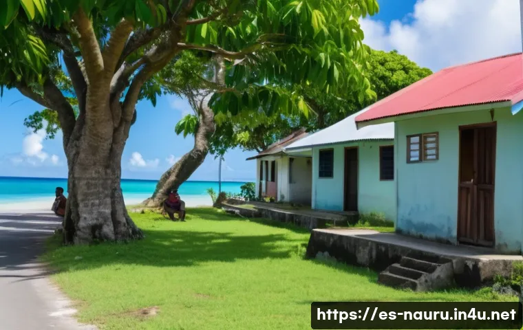 나우루 범죄율 및 안전 수준 - A peaceful small island community scene in Nauru during daytime, showing a close-knit neighborhood w...