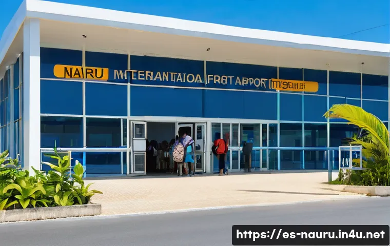 나우루 입국 절차 - A detailed scene of a traveler arriving at Nauru International Airport, showing a small tropical air...