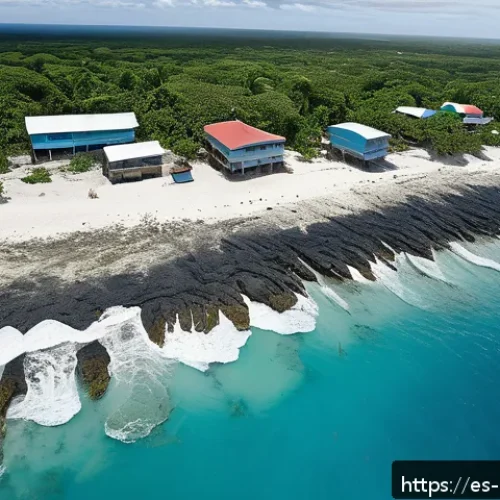 나우루 해수면 상승 위험 - A detailed aerial view of Nauru&rsquo;s coastline showing severe coastal erosion with waves aggressively w...