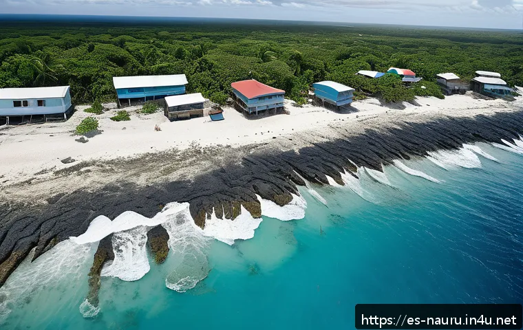 나우루 해수면 상승 위험 - A detailed aerial view of Nauru’s coastline showing severe coastal erosion with waves aggressively w...