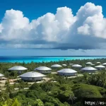 나우루 인터넷 및 통신 환경 - A vibrant scene of a remote Pacific island village in Nauru with modern satellite communication infr...