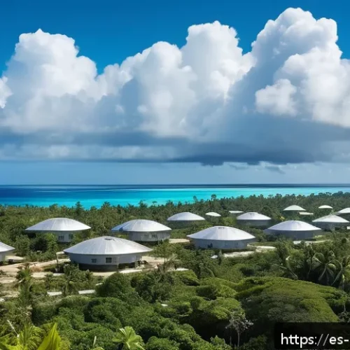 나우루 인터넷 및 통신 환경 - A vibrant scene of a remote Pacific island village in Nauru with modern satellite communication infr...