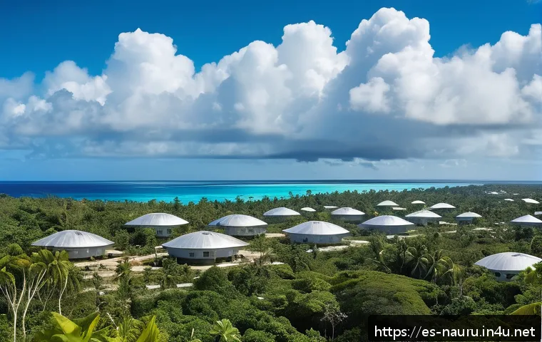 나우루 인터넷 및 통신 환경 - A vibrant scene of a remote Pacific island village in Nauru with modern satellite communication infr...